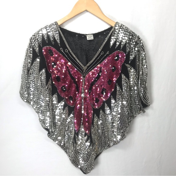 Vintage Butterfly Sparkly Sequin Top Halloween Poncho Pink Black Silver Medium - Picture 1 of 7